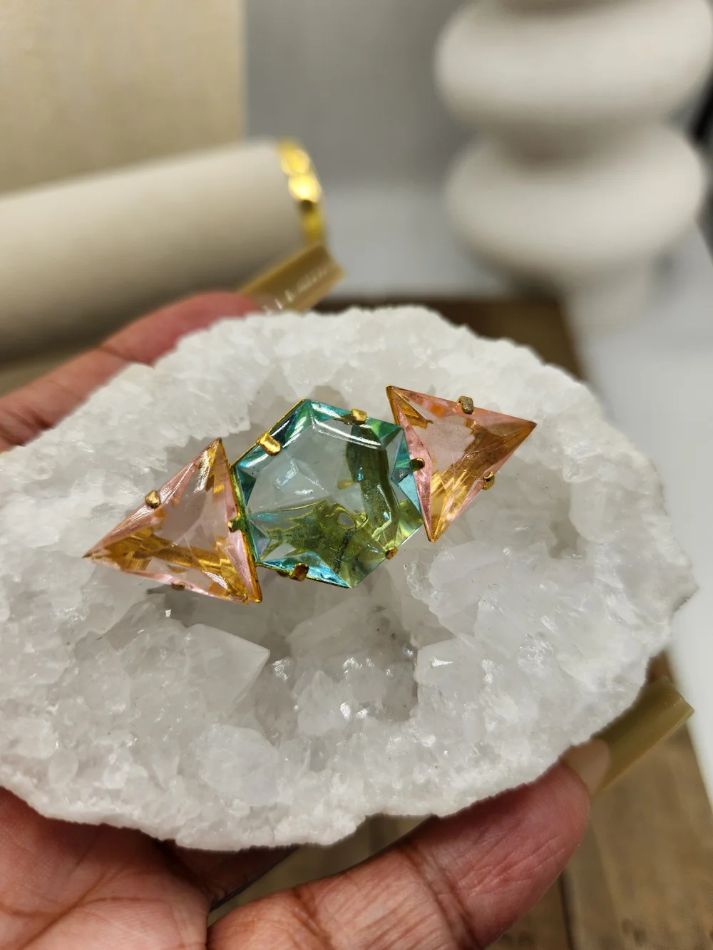 Miami Vice! Gorgeous Pink & Blue Geometric Statement Brooch •  Goldtone